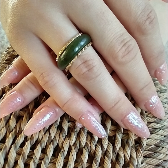 Eternity/Wedding Band Ring 14kt Gold band & Jade - Picture 8 of 16